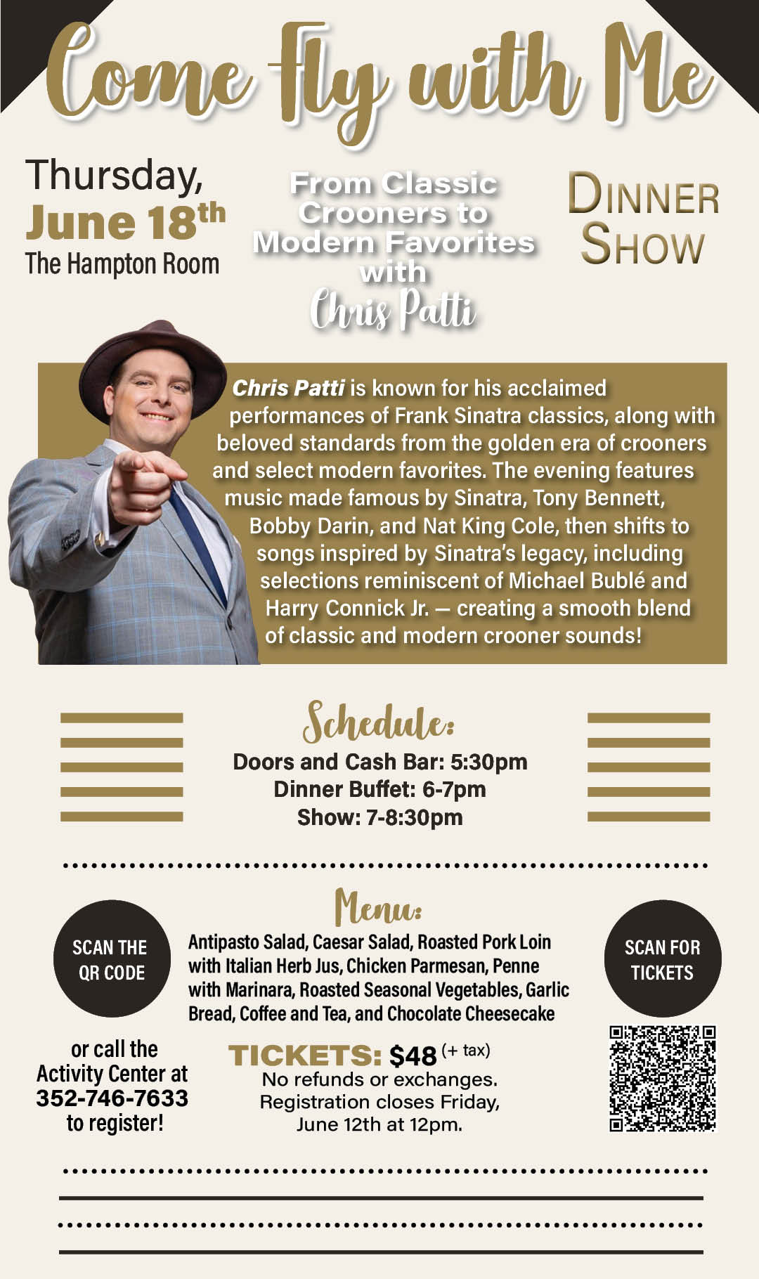 Come Fly With Me Dinner Show with Chris Patti June 2026 Kiosk