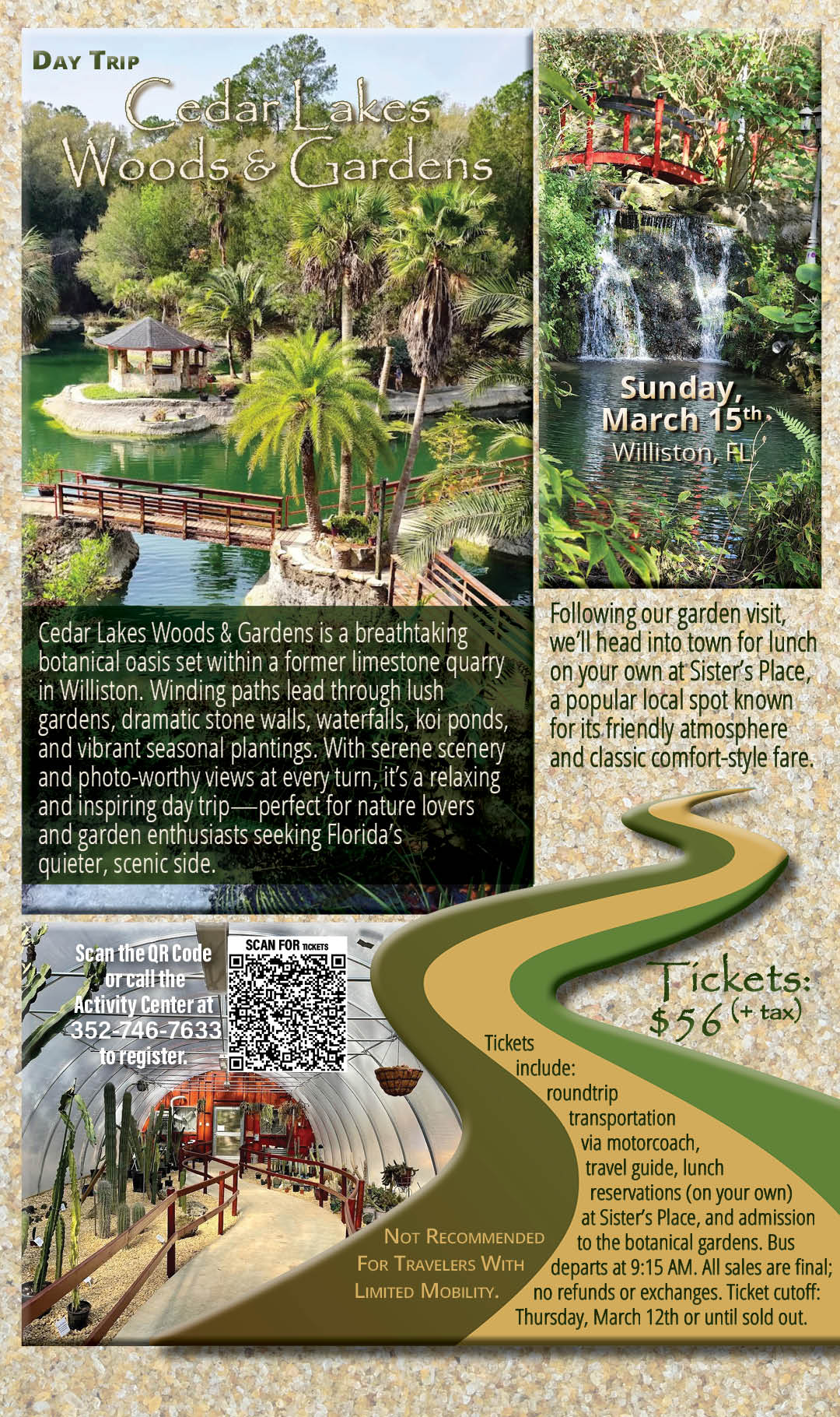 Day Trip Cedar Lakes and Gardens March 2026 Kiosk