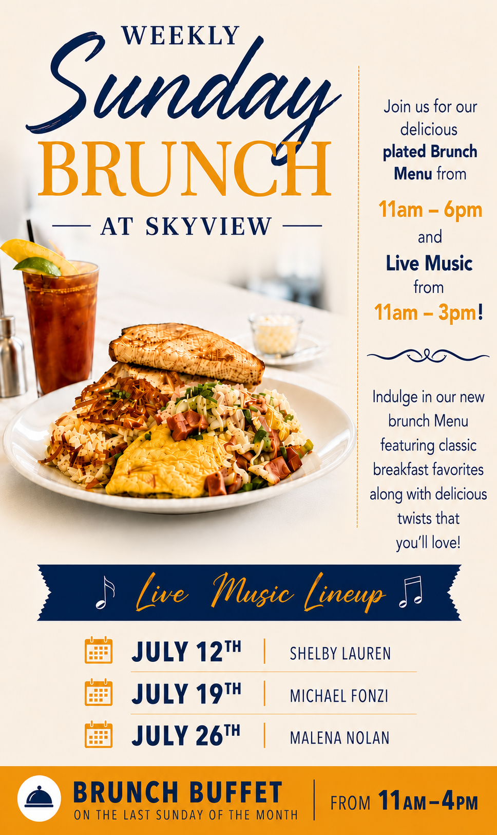Weekly brunch at Skyview restaurant Kiosk July 12th