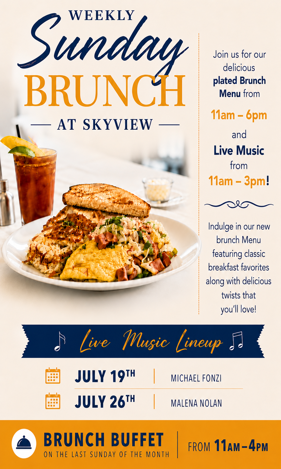 Weekly brunch at Skyview restaurant Kiosk July 19th