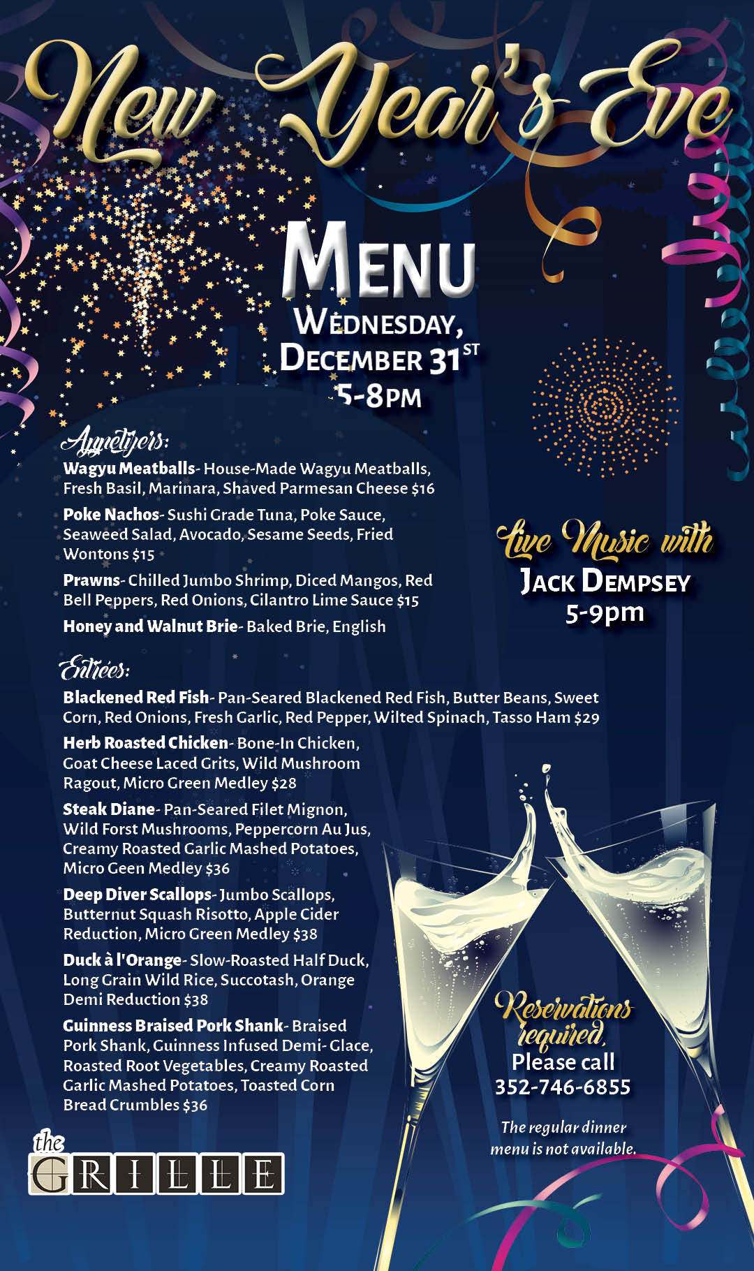 Grille NYE Menu December 2025 Kiosk No reserve date