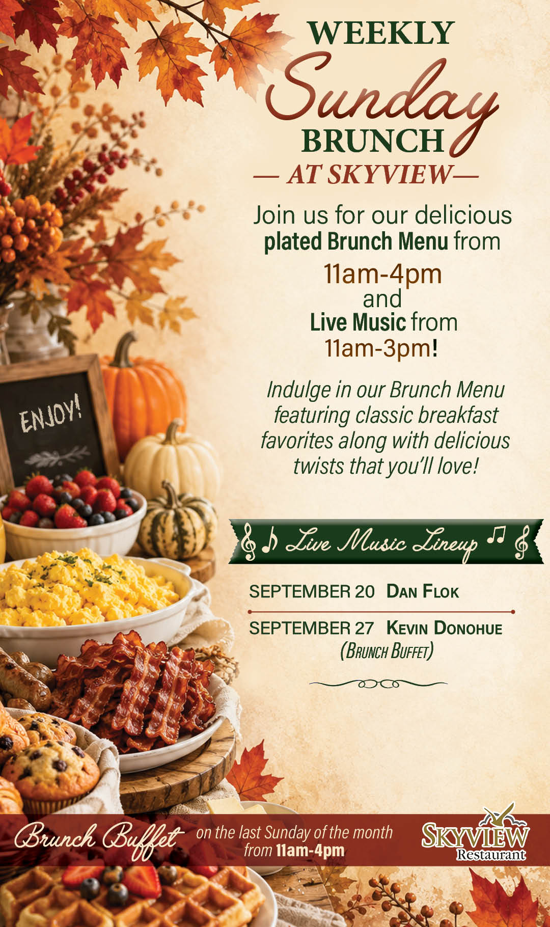 Weekly brunch at Skyview restaurant Kiosk Sept 20