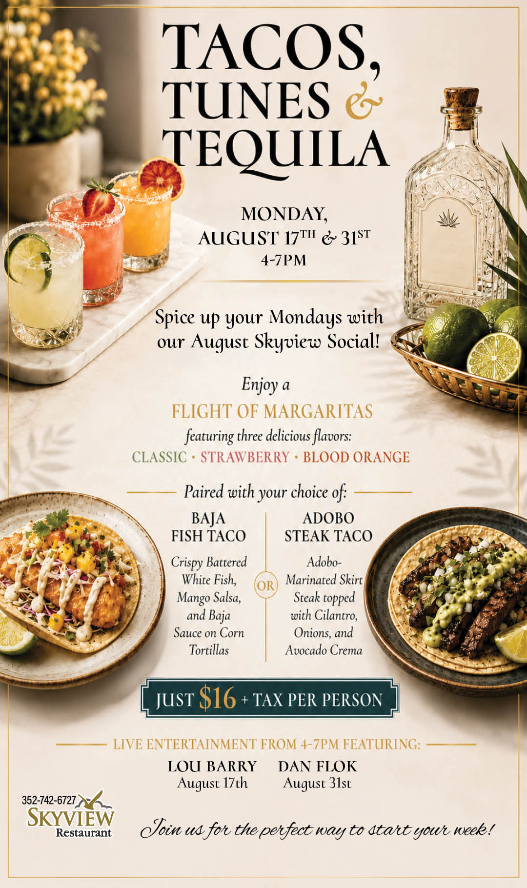 Skyview Social Hour Tacos, Tumes & Tequila August 17 2026 Kiosk