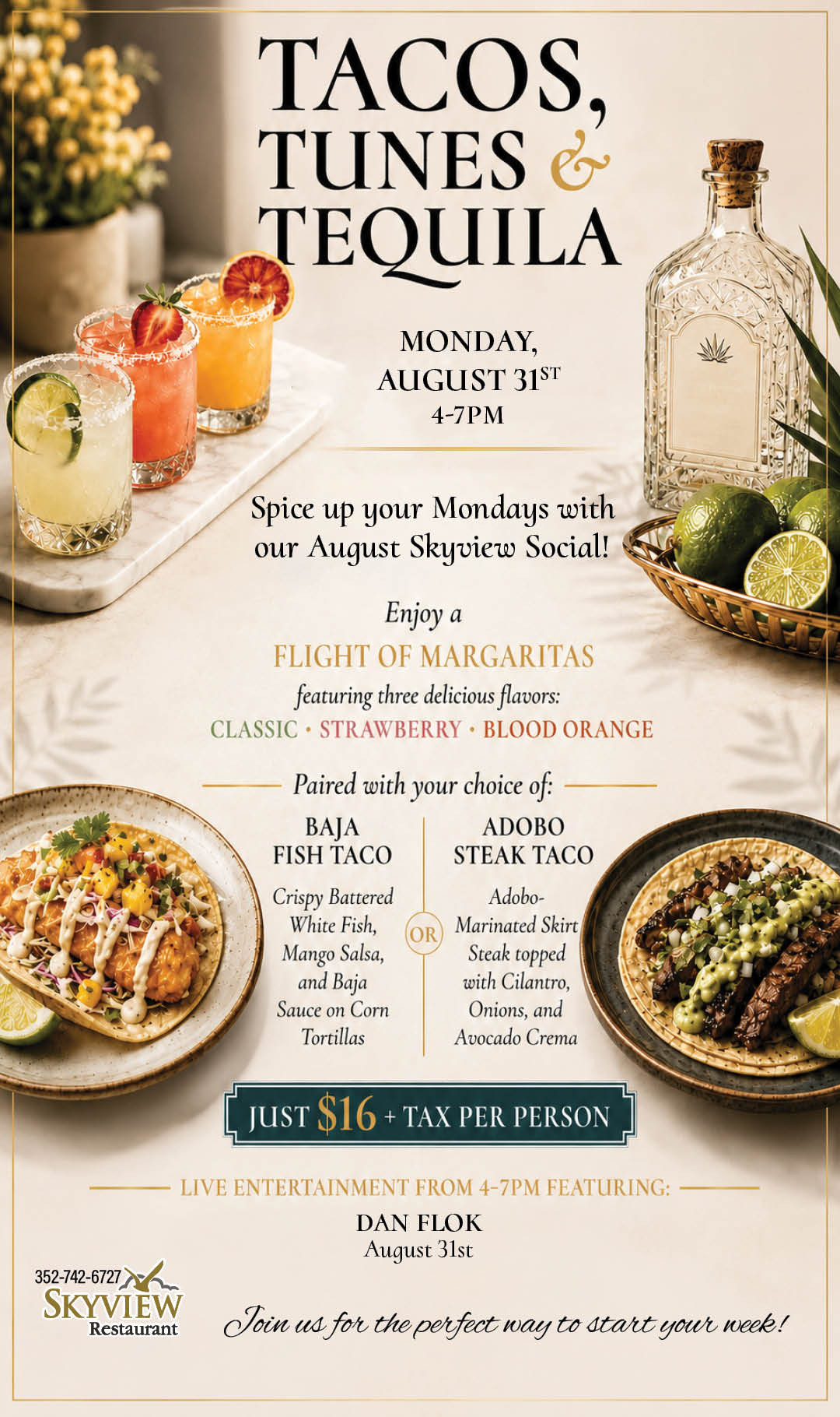 Skyview Social Hour Tacos, Tumes & Tequila Aug 31 Kiosk