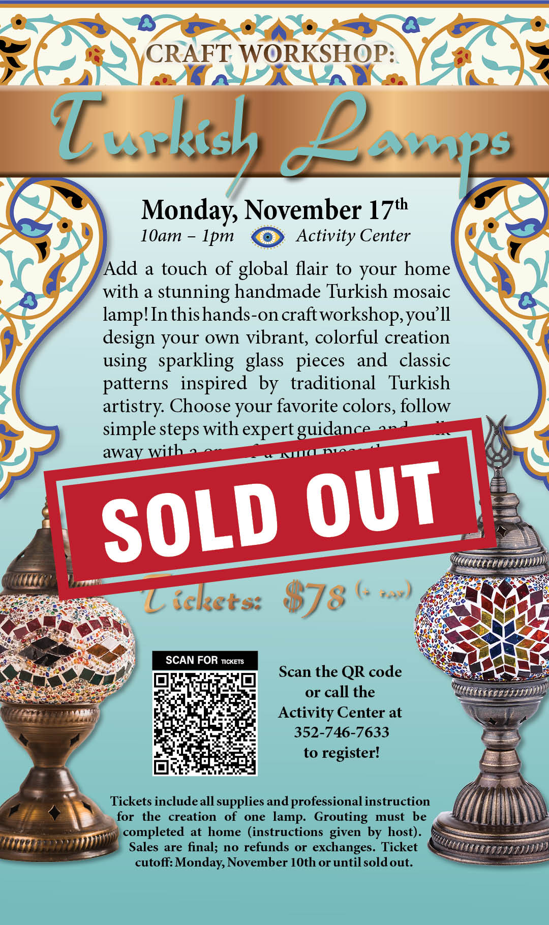 Craft Workshop Turkish Lamps Nov 2025 kiosk sold out