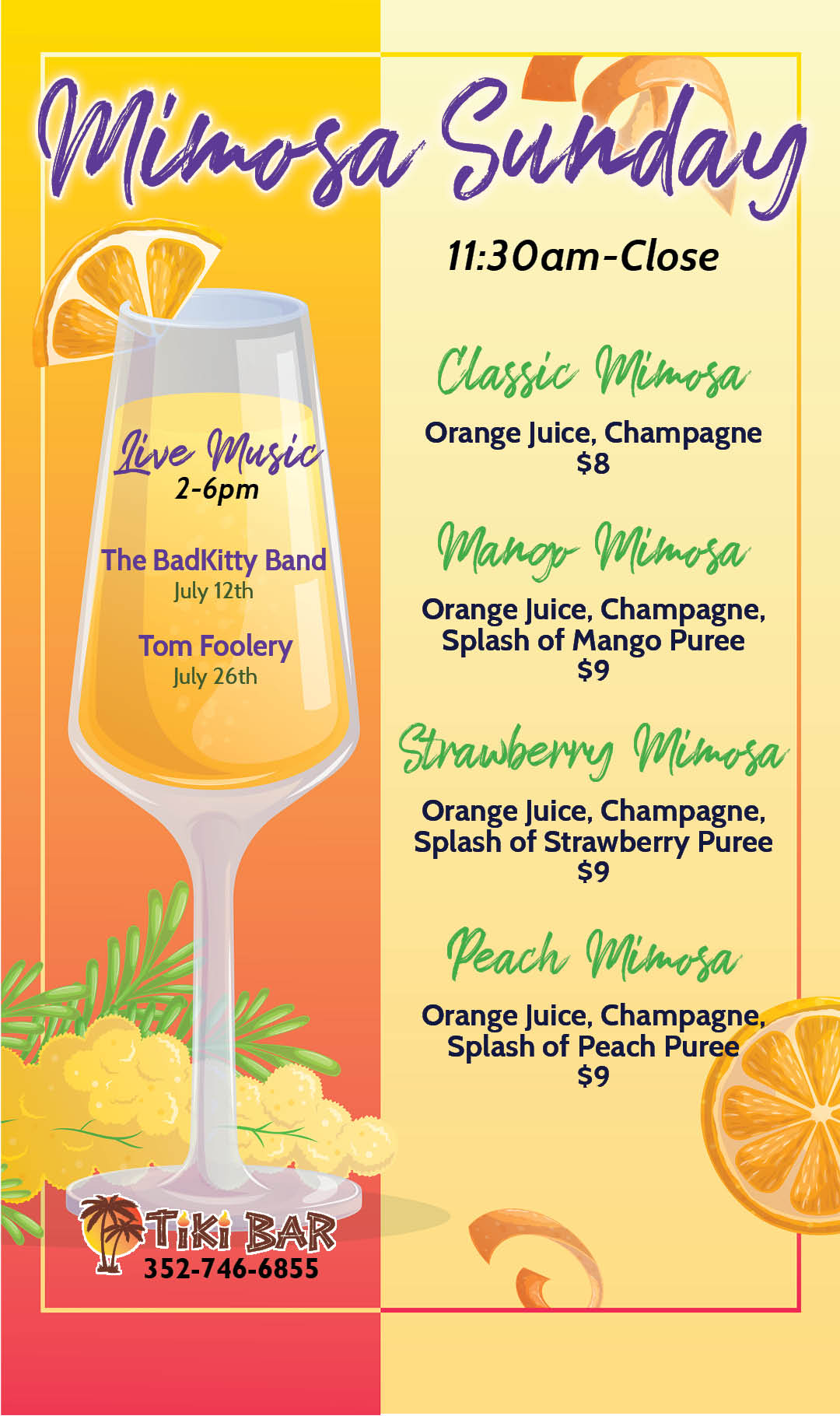 Mimosa Sundays July 12 2026 kiosk