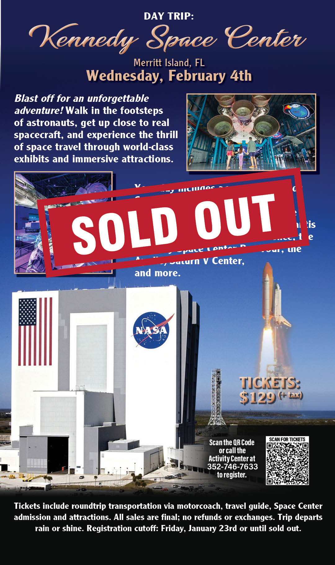 Day Trip Kennedy Space Center February 2026 Kiosk SOLD OUT