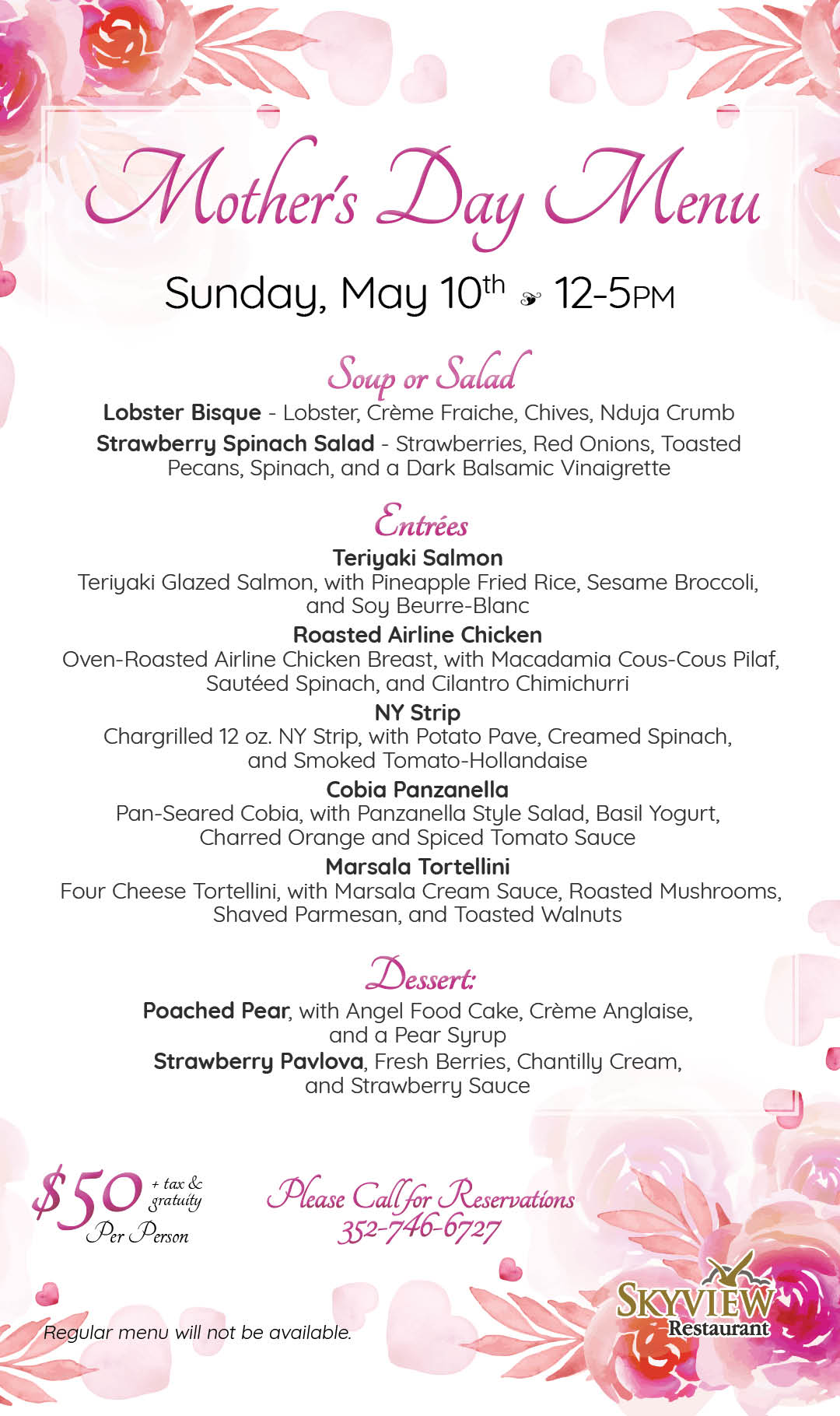 Skyview Mother's Day Menu May 2026 Kiosk