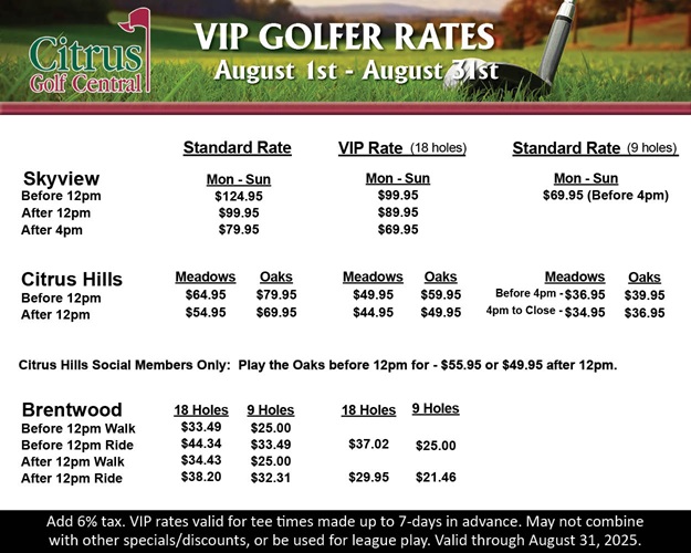 VIP Golfer Rates August 2025