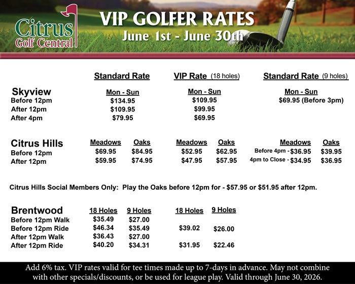 VIP Golfer Rates June 2026